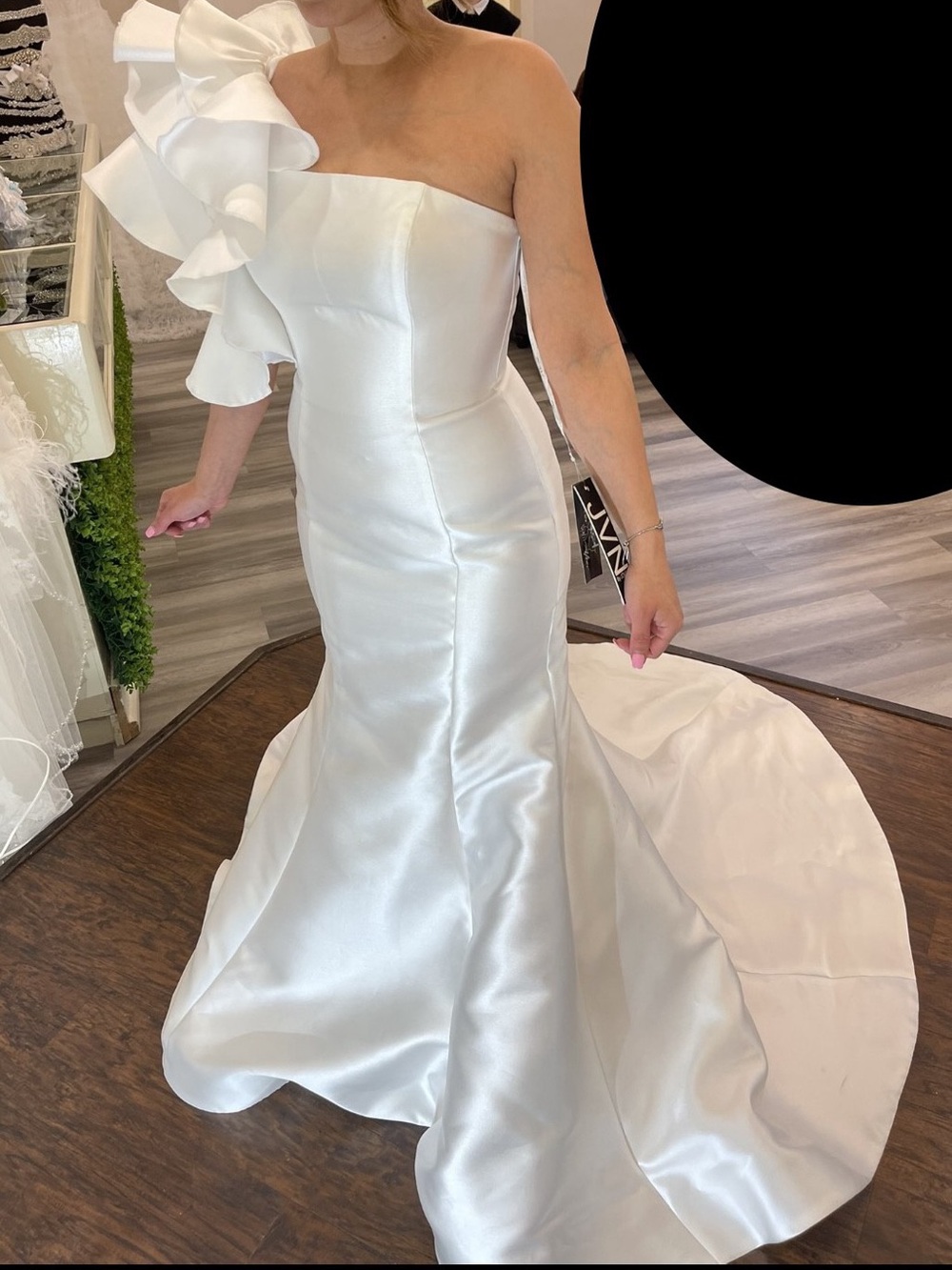 JVN by Jovani One-Shoulder White Satin Mermaid Gown with Sculptural Ruffle